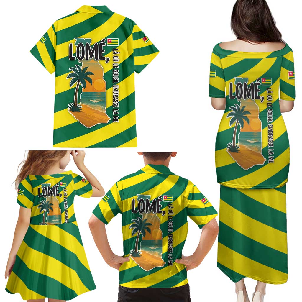 Lome Togo Sunset Family Matching Puletasi and Hawaiian Shirt with Palm Trees and Ocean Embrace Design