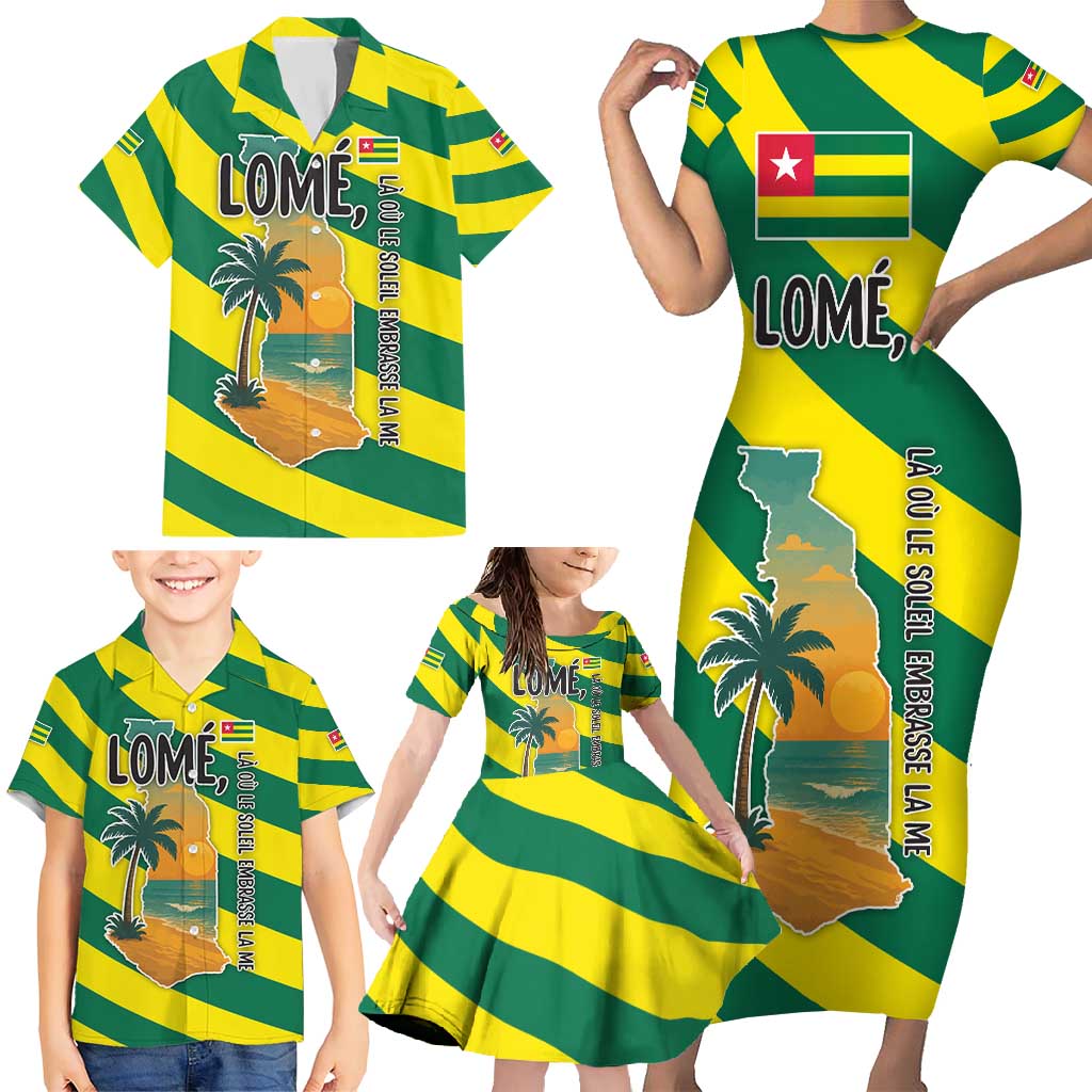 Lome Togo Sunset Family Matching Short Sleeve Bodycon Dress and Hawaiian Shirt with Palm Trees and Ocean Embrace Design