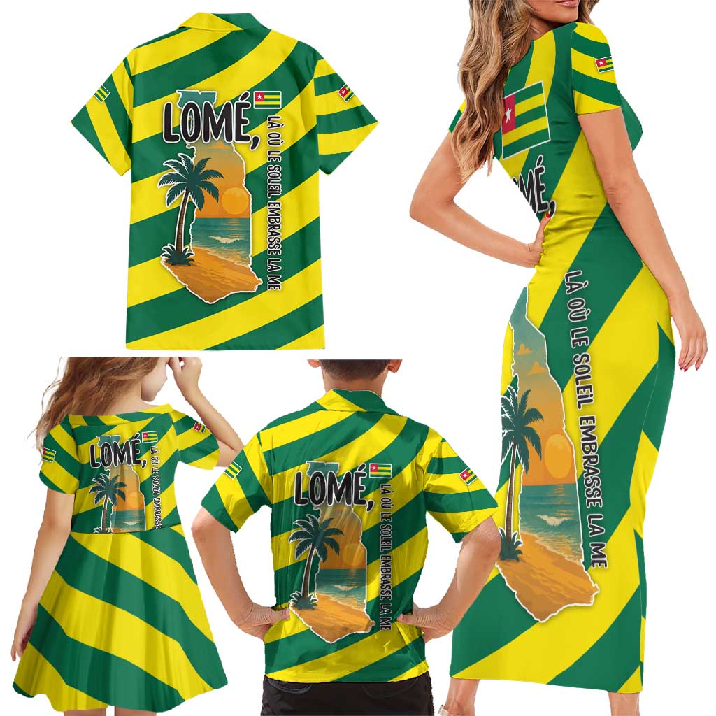 Lome Togo Sunset Family Matching Short Sleeve Bodycon Dress and Hawaiian Shirt with Palm Trees and Ocean Embrace Design