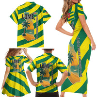 Lome Togo Sunset Family Matching Short Sleeve Bodycon Dress and Hawaiian Shirt with Palm Trees and Ocean Embrace Design