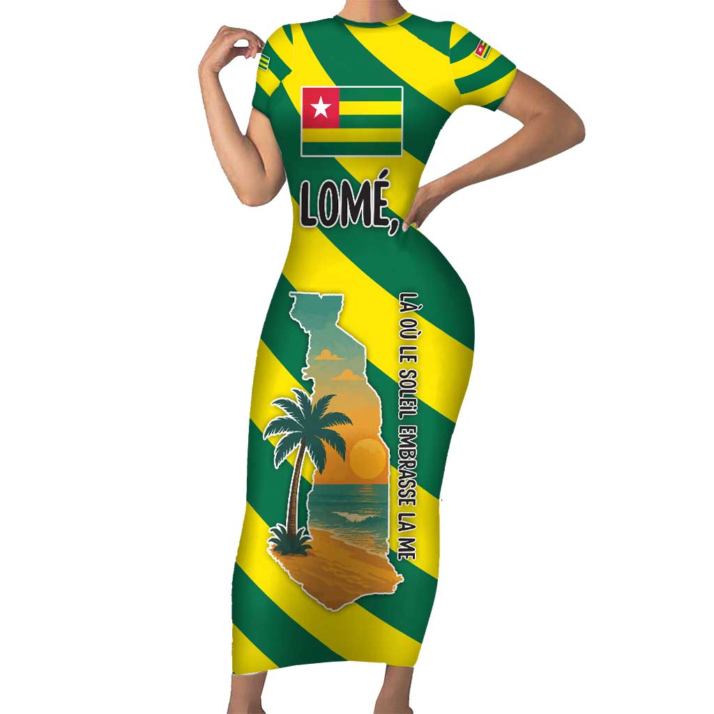 Lome Togo Sunset Family Matching Short Sleeve Bodycon Dress and Hawaiian Shirt with Palm Trees and Ocean Embrace Design