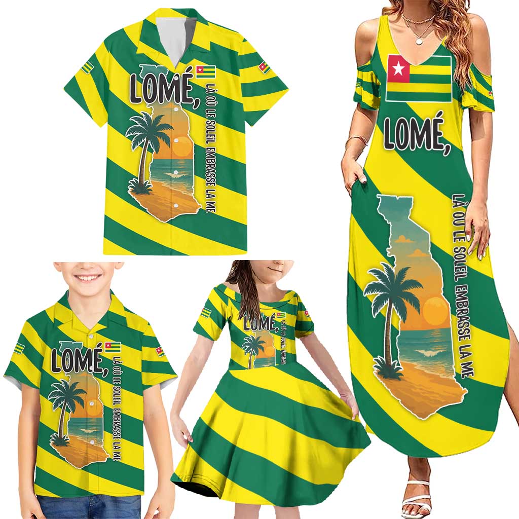 Lome Togo Sunset Family Matching Summer Maxi Dress and Hawaiian Shirt with Palm Trees and Ocean Embrace Design