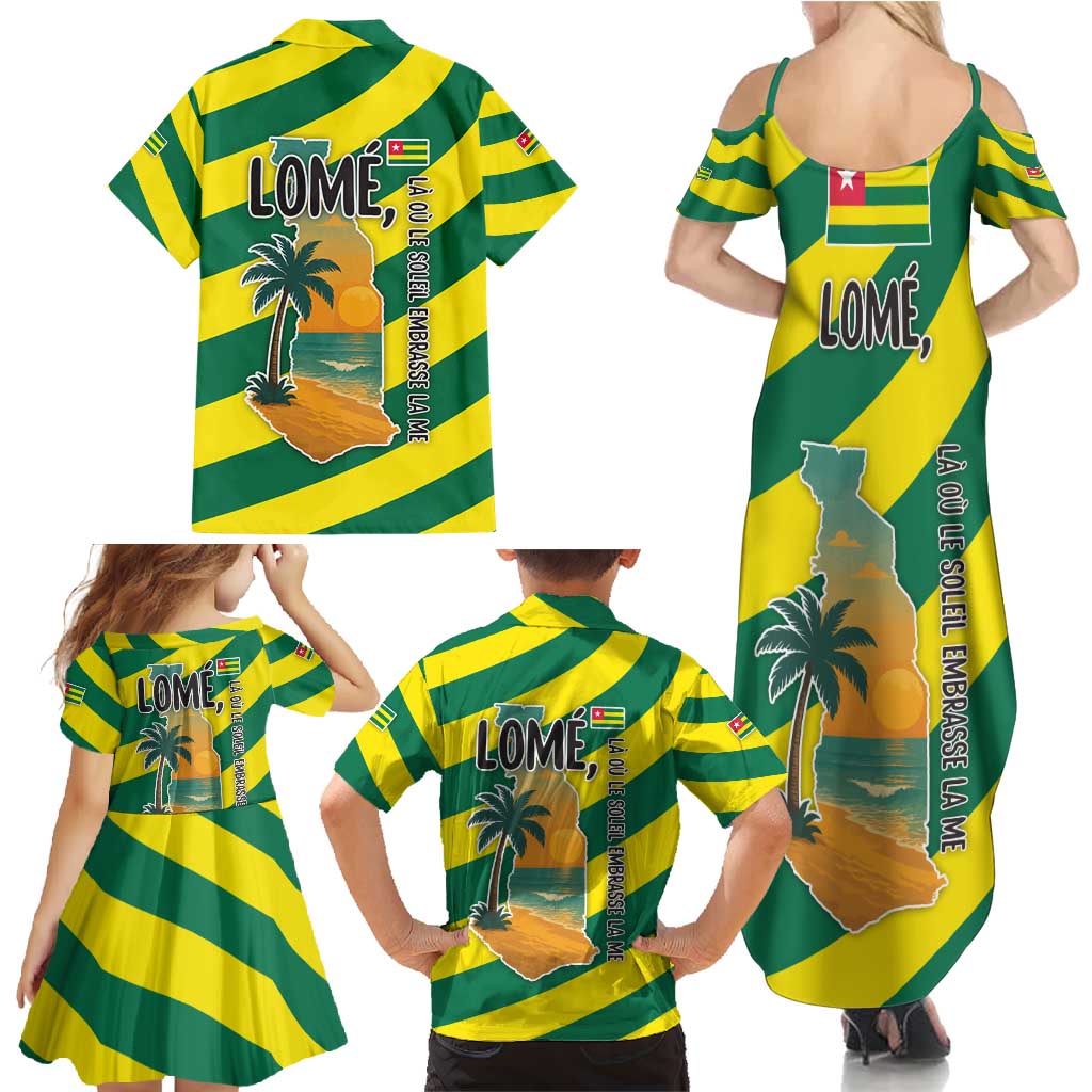 Lome Togo Sunset Family Matching Summer Maxi Dress and Hawaiian Shirt with Palm Trees and Ocean Embrace Design