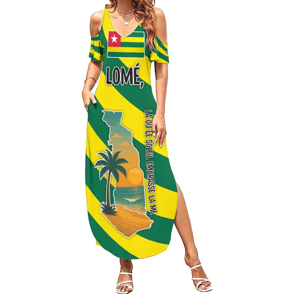 Lome Togo Sunset Family Matching Summer Maxi Dress and Hawaiian Shirt with Palm Trees and Ocean Embrace Design