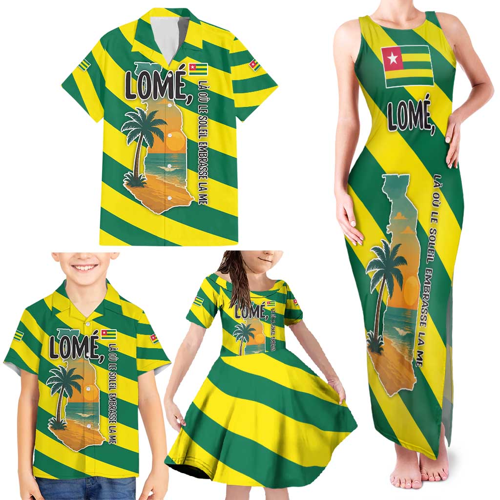 Lome Togo Sunset Family Matching Tank Maxi Dress and Hawaiian Shirt with Palm Trees and Ocean Embrace Design