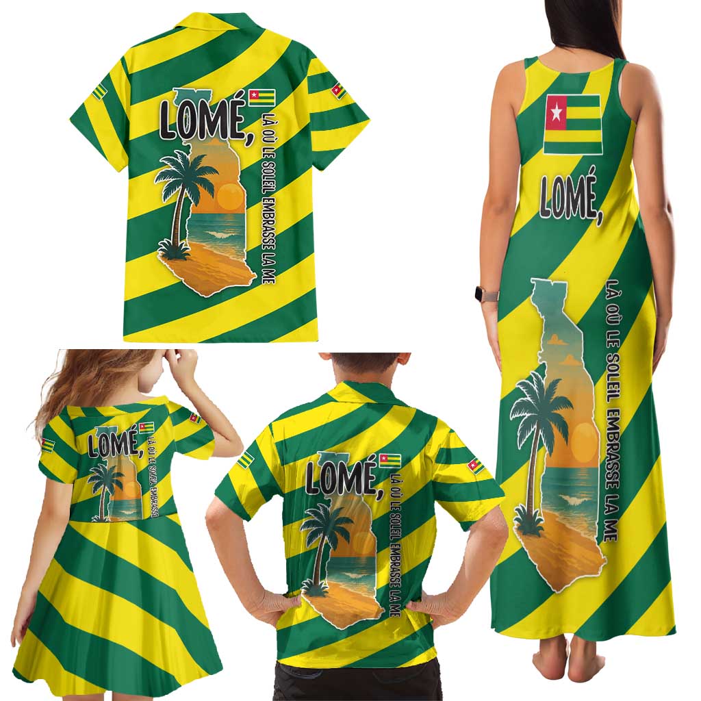 Lome Togo Sunset Family Matching Tank Maxi Dress and Hawaiian Shirt with Palm Trees and Ocean Embrace Design