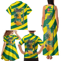 Lome Togo Sunset Family Matching Tank Maxi Dress and Hawaiian Shirt with Palm Trees and Ocean Embrace Design