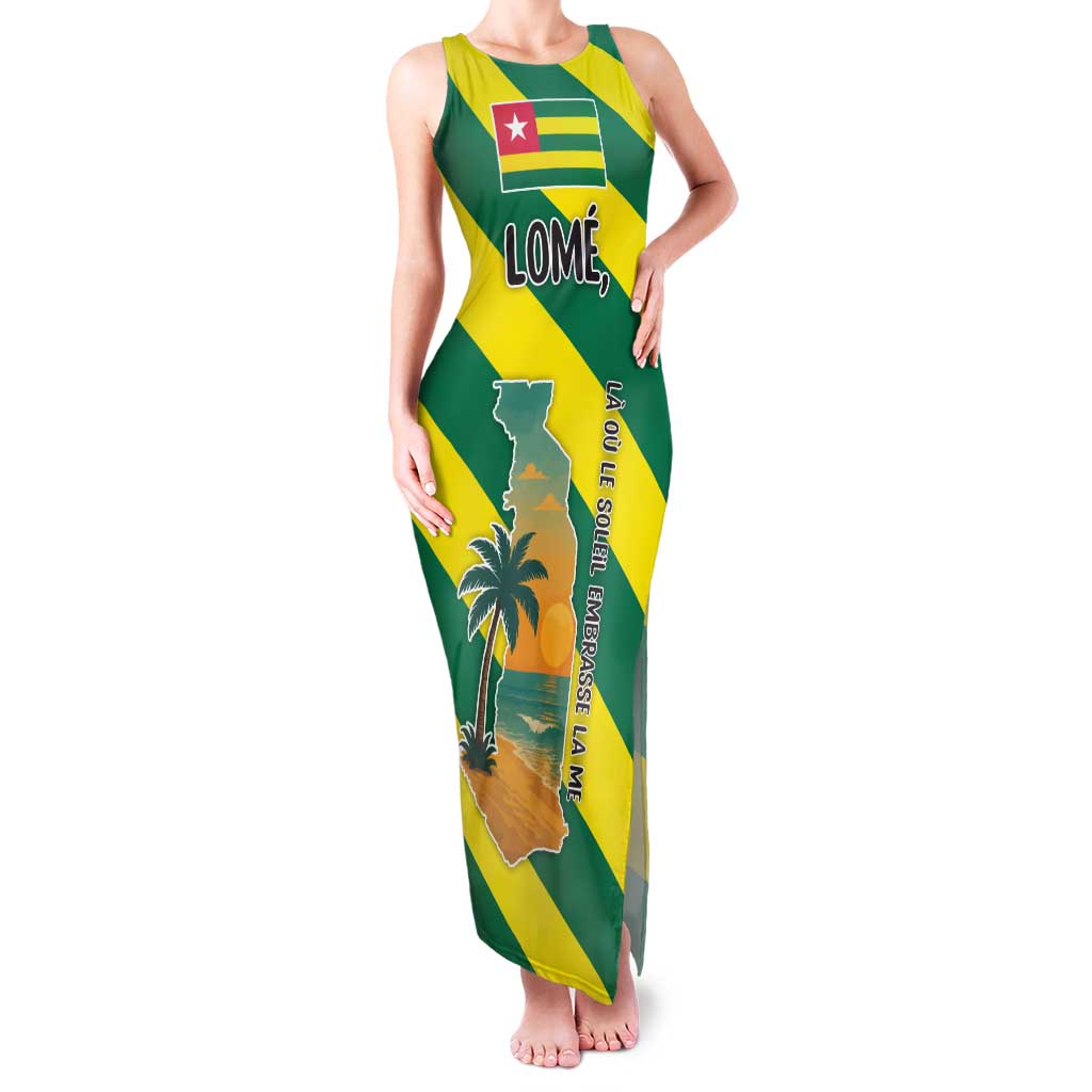 Lome Togo Sunset Family Matching Tank Maxi Dress and Hawaiian Shirt with Palm Trees and Ocean Embrace Design