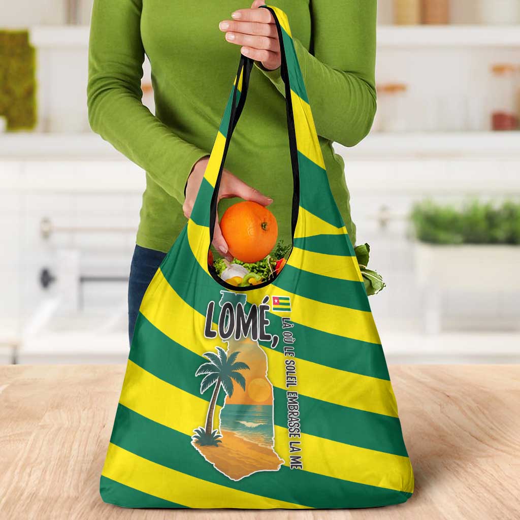 Lome Togo Sunset Grocery Bag with Palm Trees and Ocean Embrace Design