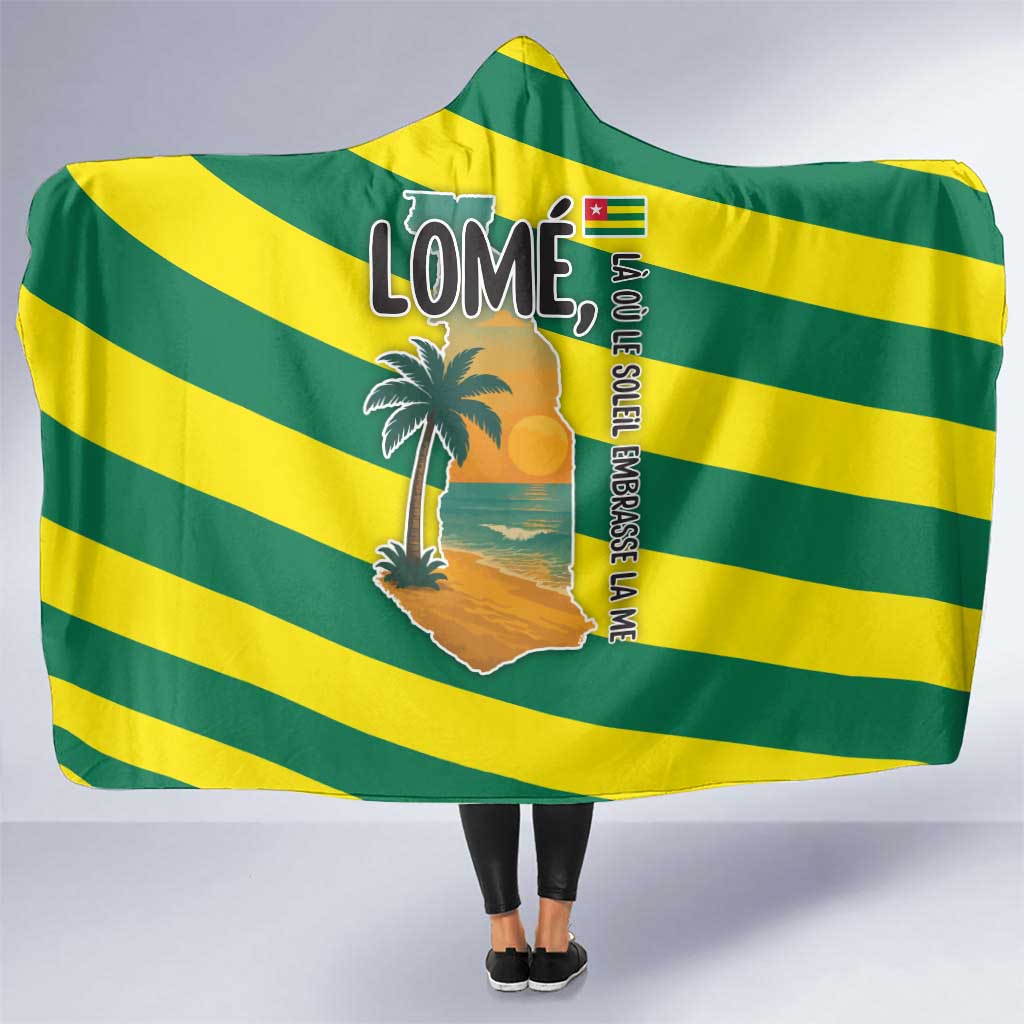 Lome Togo Sunset Hooded Blanket with Palm Trees and Ocean Embrace Design