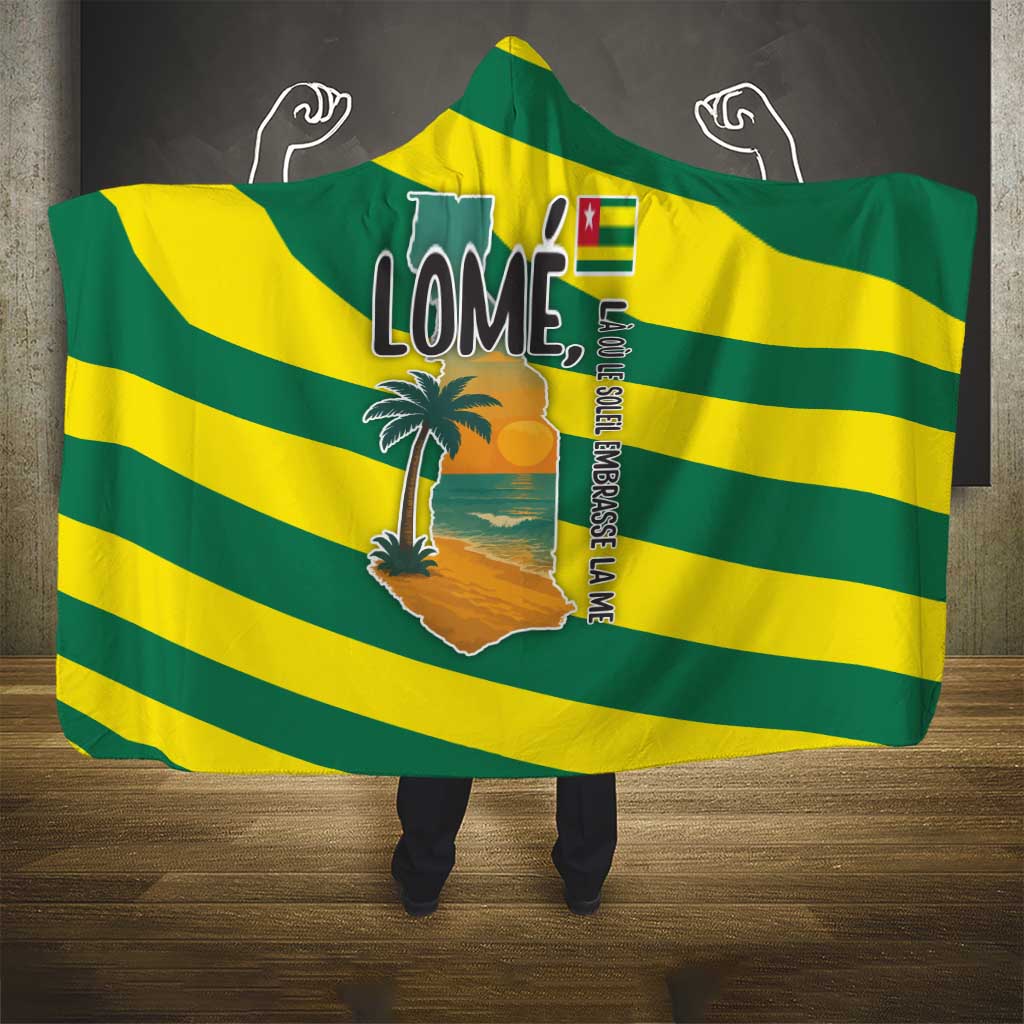 Lome Togo Sunset Hooded Blanket with Palm Trees and Ocean Embrace Design