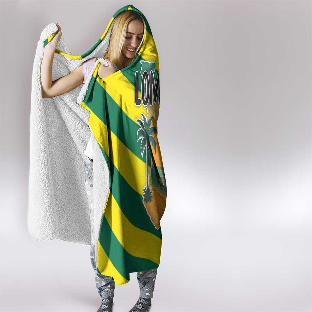 Lome Togo Sunset Hooded Blanket with Palm Trees and Ocean Embrace Design