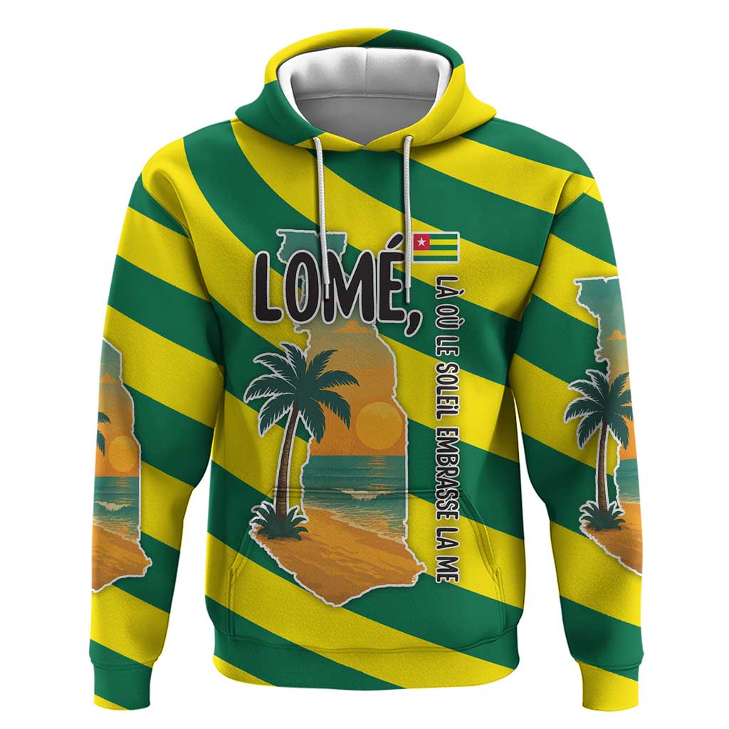 Lome Togo Sunset Hoodie with Palm Trees and Ocean Embrace Design