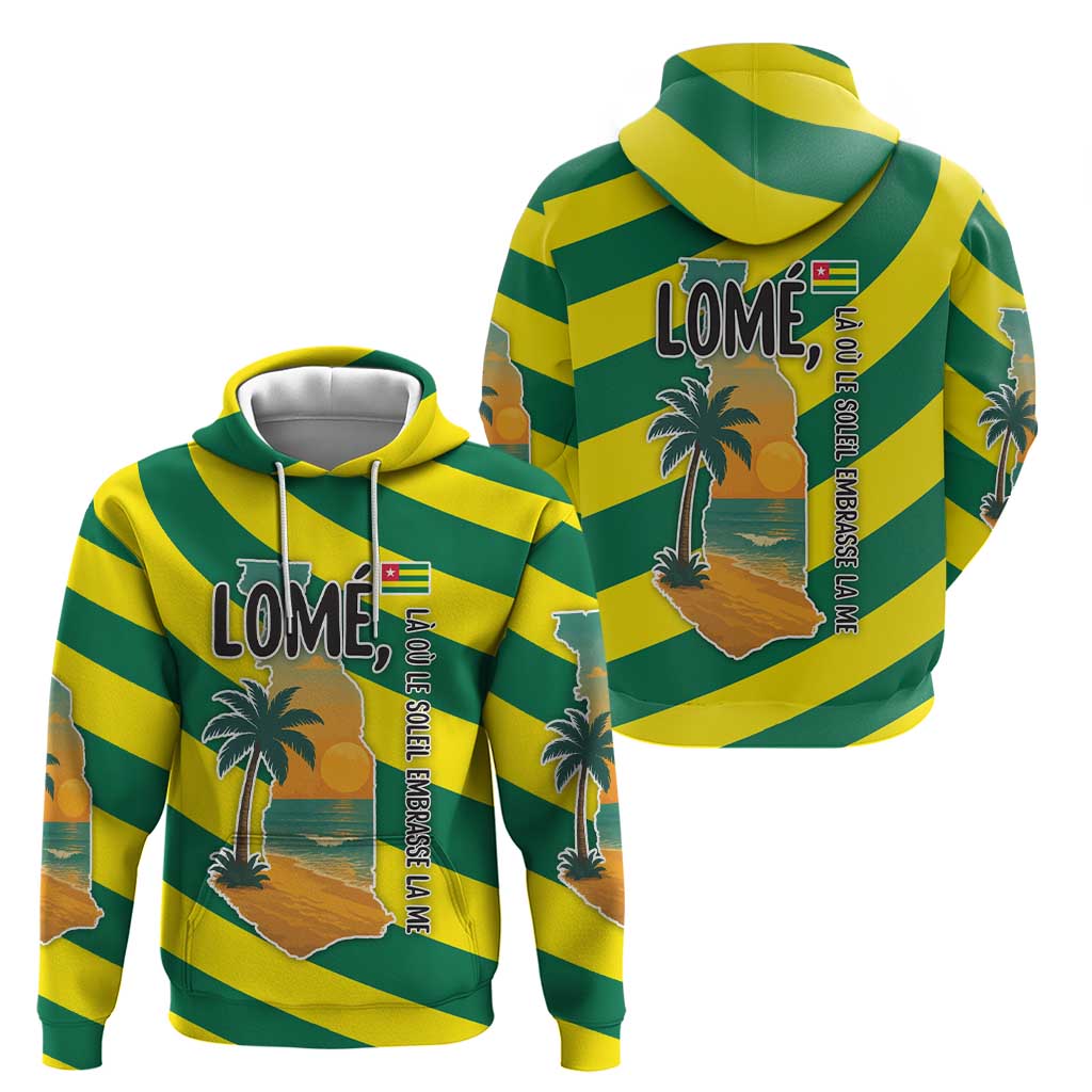 Lome Togo Sunset Hoodie with Palm Trees and Ocean Embrace Design