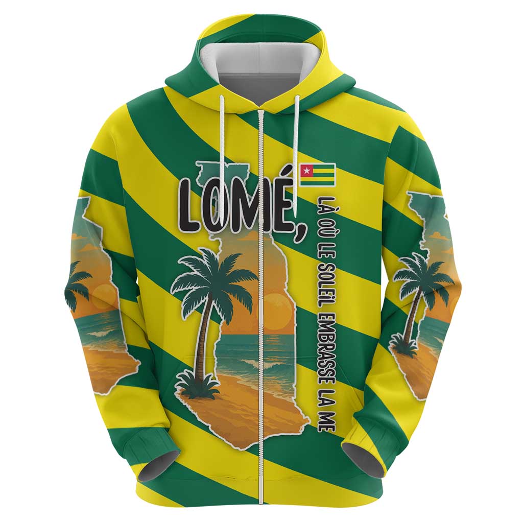 Lome Togo Sunset Hoodie with Palm Trees and Ocean Embrace Design