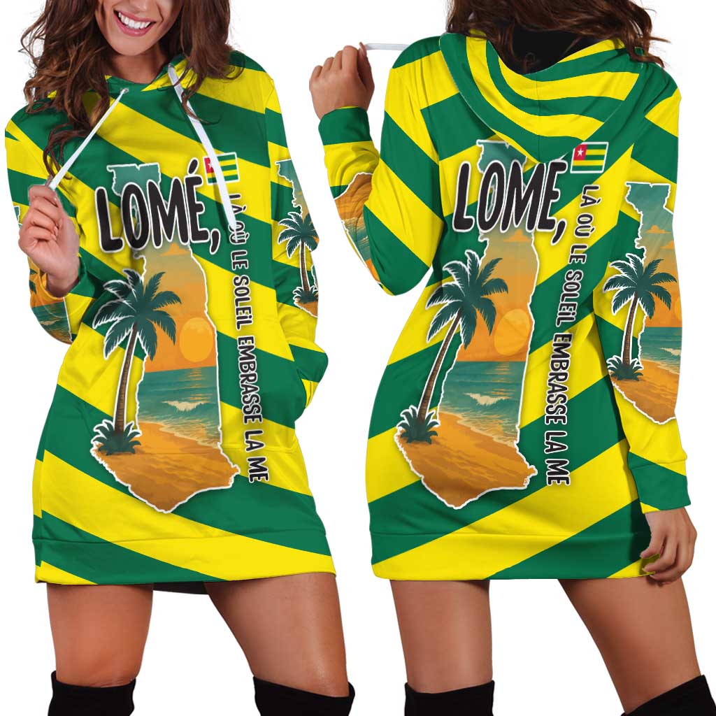 Lome Togo Sunset Hoodie Dress with Palm Trees and Ocean Embrace Design
