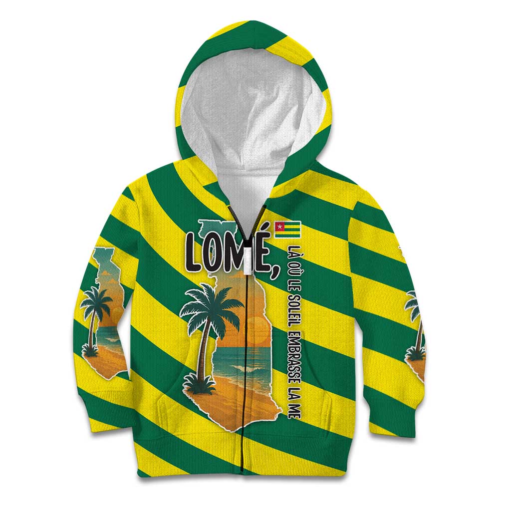 Lome Togo Sunset Kid Hoodie with Palm Trees and Ocean Embrace Design