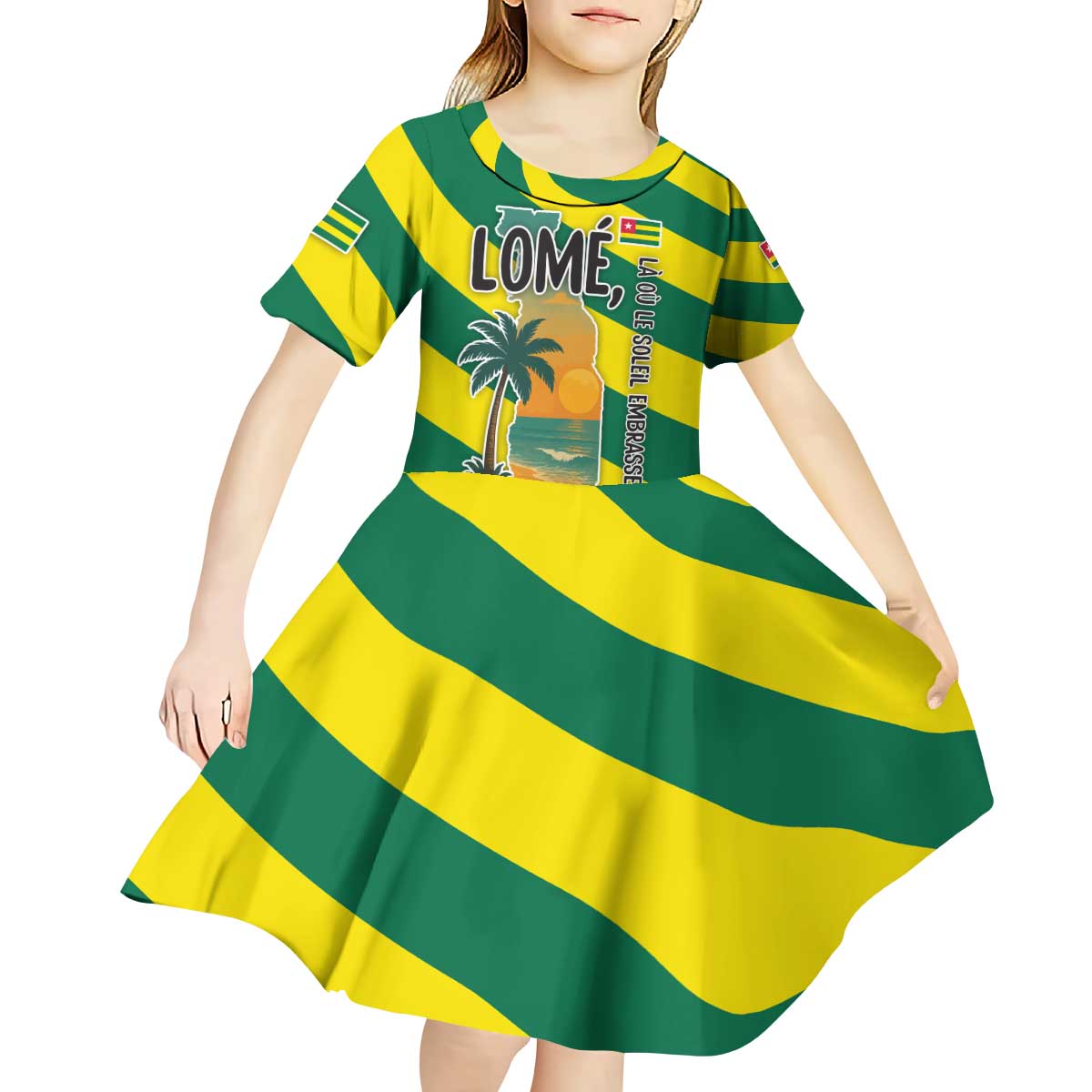 Lome Togo Sunset Kid Short Sleeve Dress with Palm Trees and Ocean Embrace Design