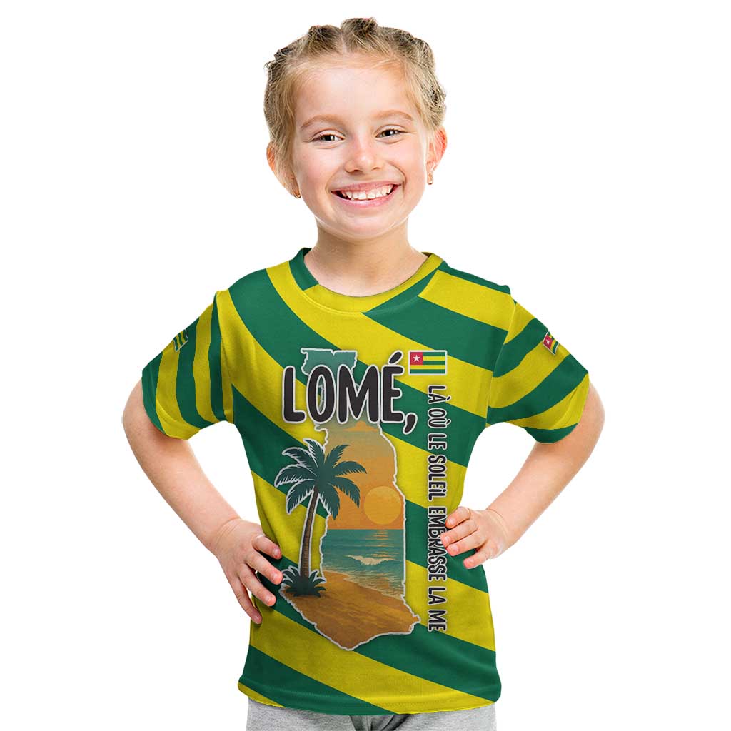 Lome Togo Sunset Kid T Shirt with Palm Trees and Ocean Embrace Design