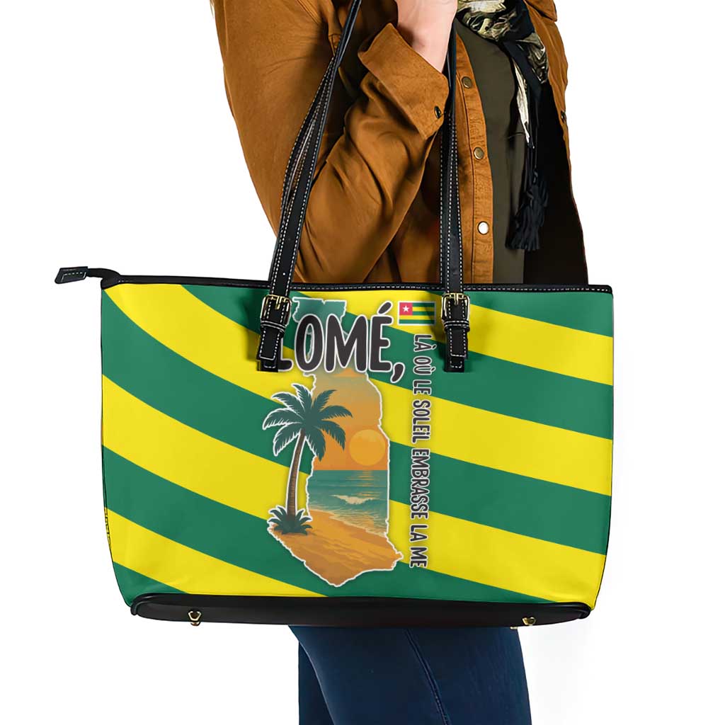 Lome Togo Sunset Leather Tote Bag with Palm Trees and Ocean Embrace Design