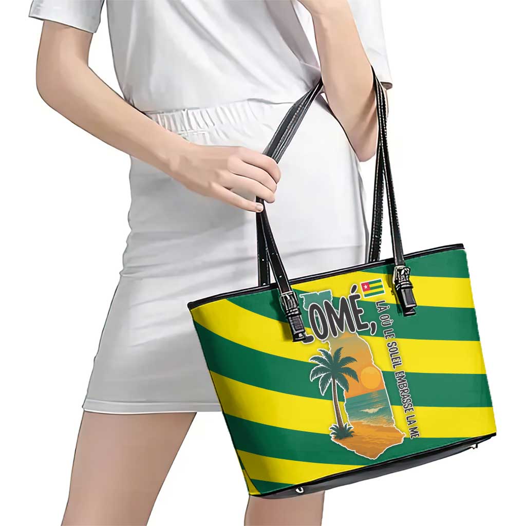 Lome Togo Sunset Leather Tote Bag with Palm Trees and Ocean Embrace Design