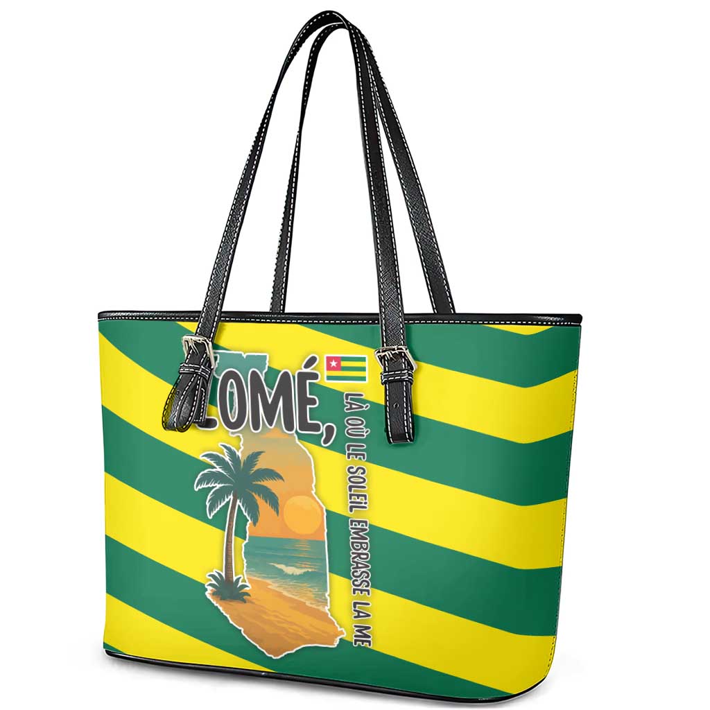 Lome Togo Sunset Leather Tote Bag with Palm Trees and Ocean Embrace Design