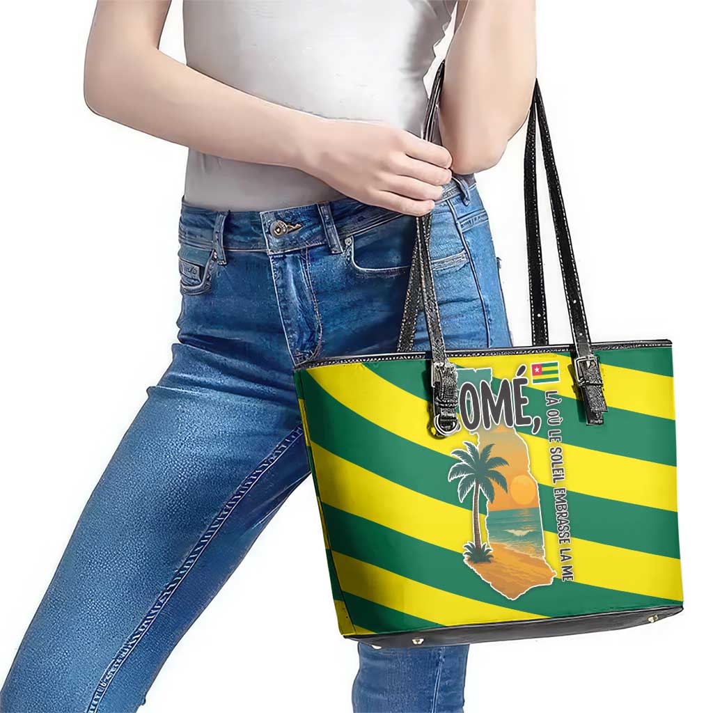 Lome Togo Sunset Leather Tote Bag with Palm Trees and Ocean Embrace Design