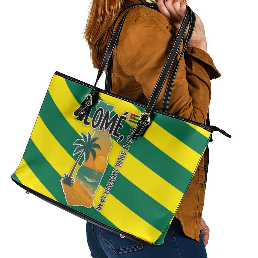 Lome Togo Sunset Leather Tote Bag with Palm Trees and Ocean Embrace Design