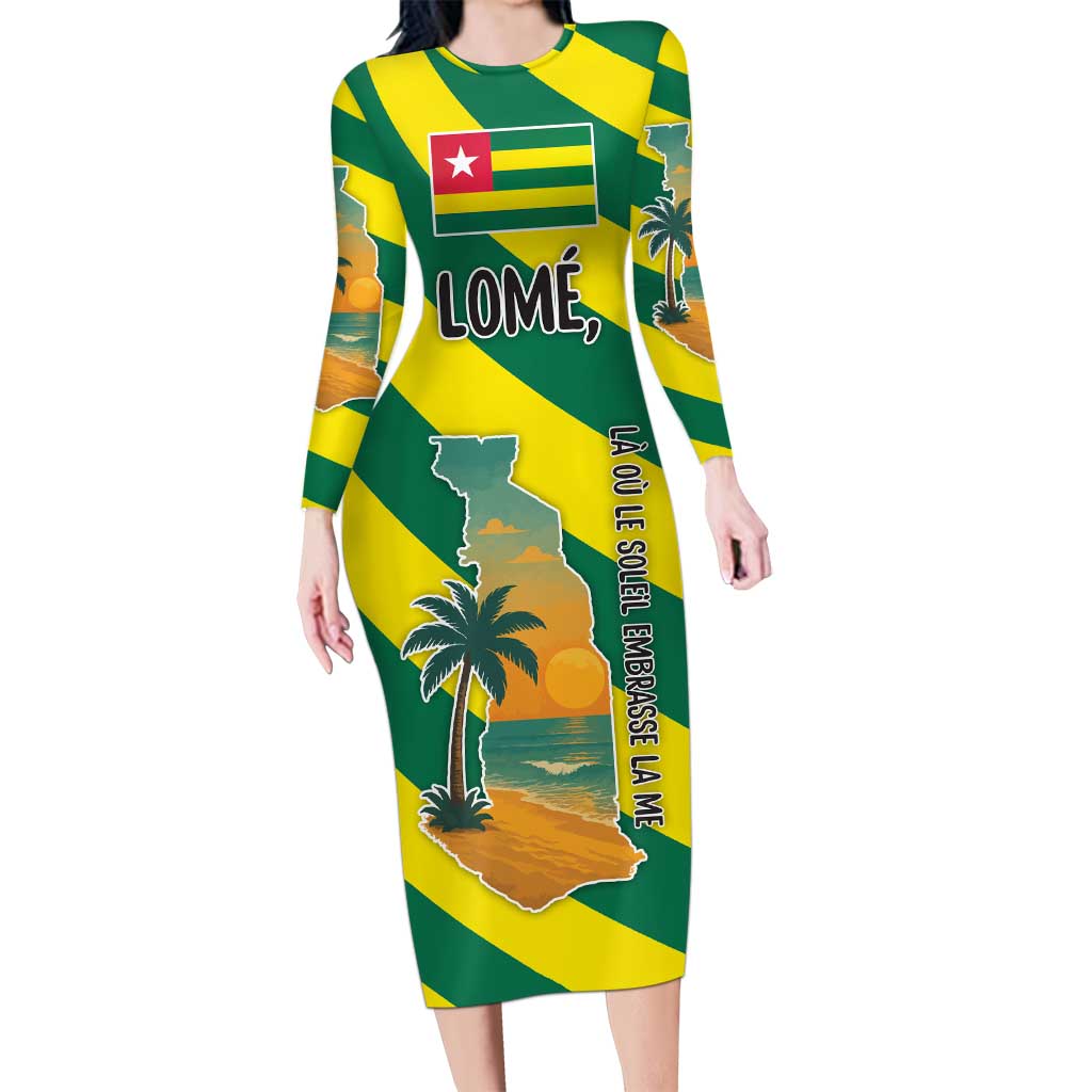 Lome Togo Sunset Long Sleeve Bodycon Dress with Palm Trees and Ocean Embrace Design