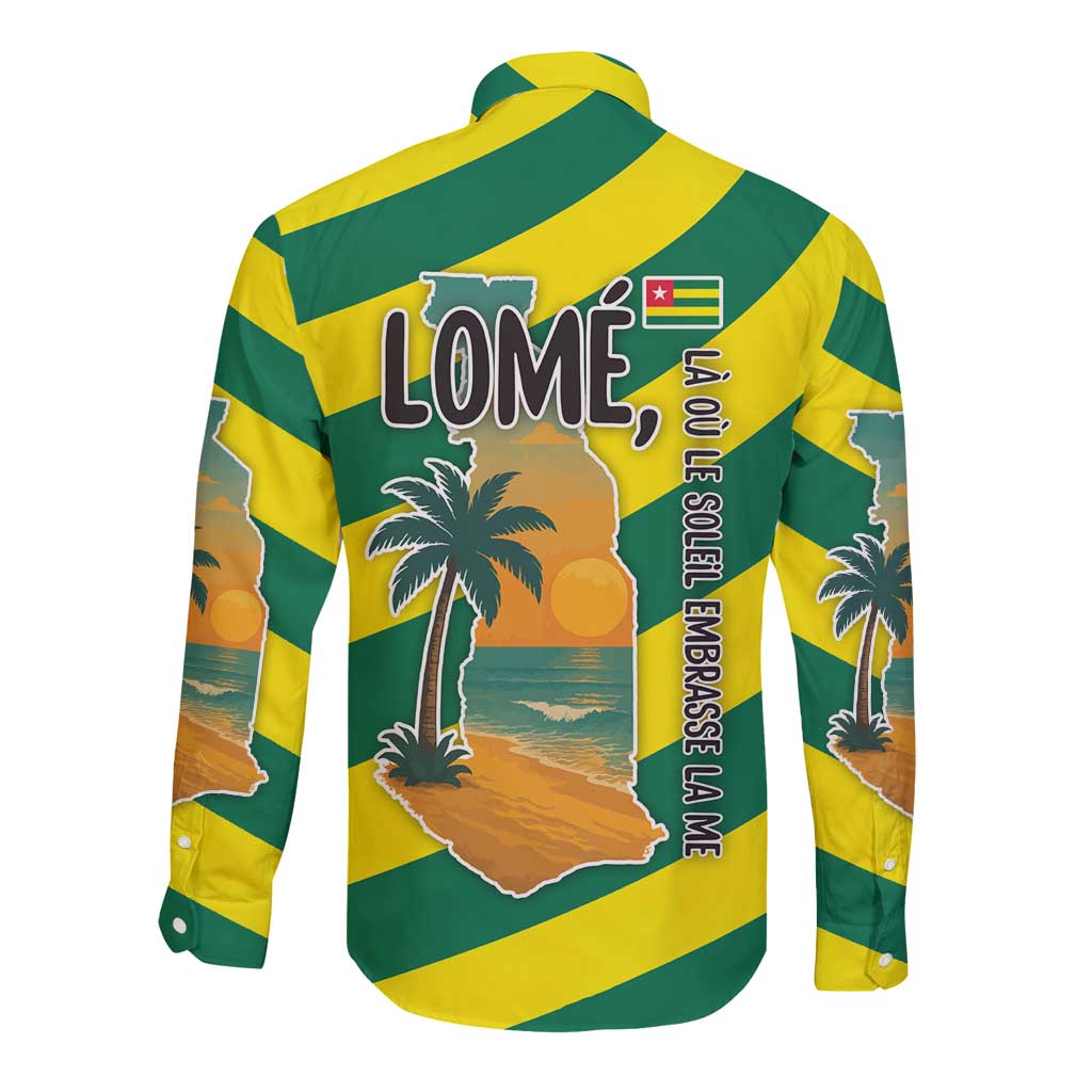 Lome Togo Sunset Long Sleeve Button Shirt with Palm Trees and Ocean Embrace Design