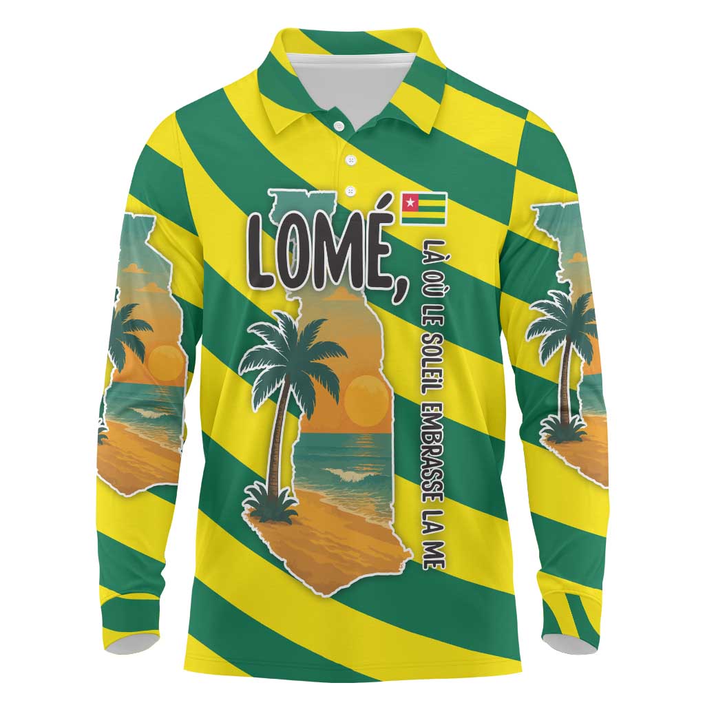 Lome Togo Sunset Long Sleeve Polo Shirt with Palm Trees and Ocean Embrace Design