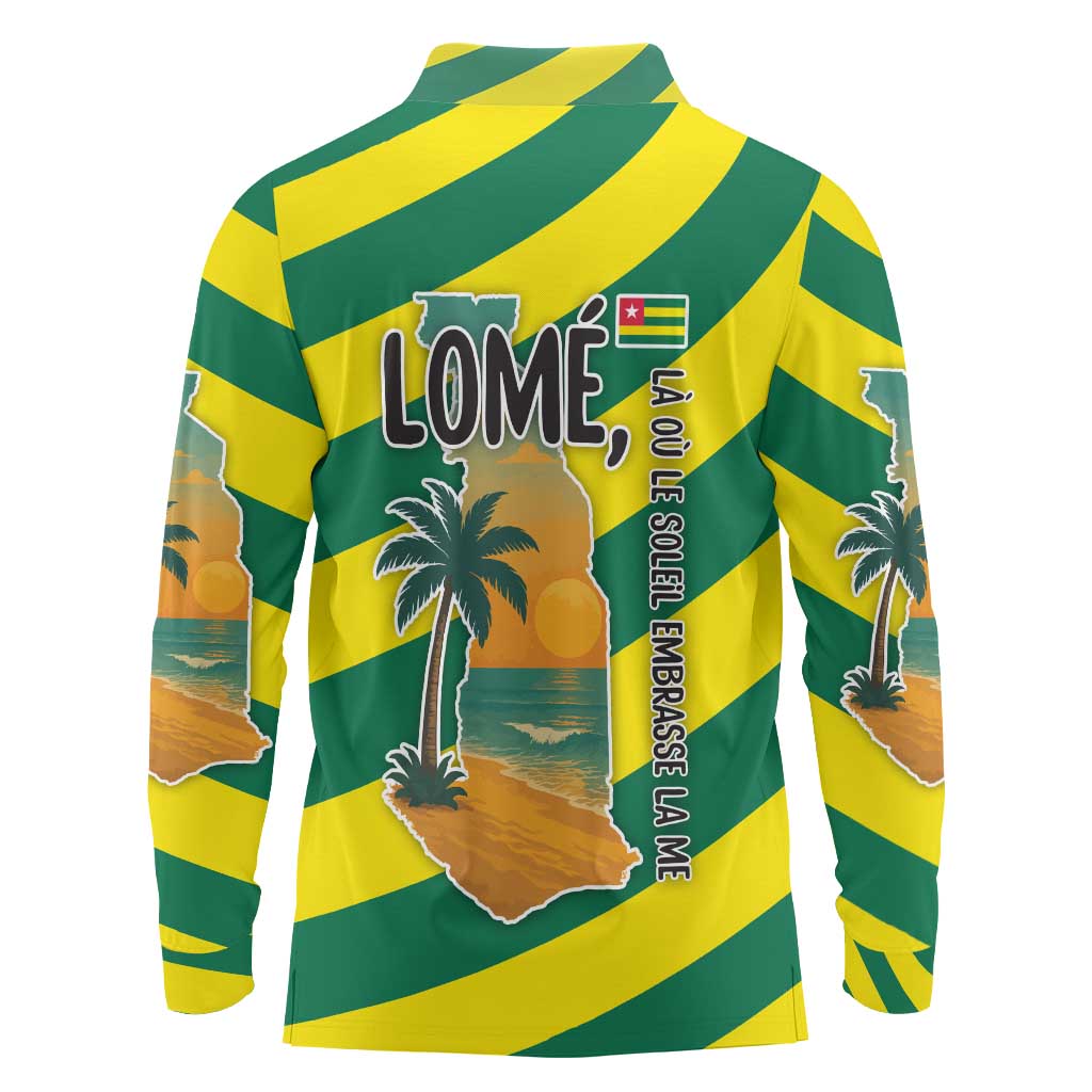 Lome Togo Sunset Long Sleeve Polo Shirt with Palm Trees and Ocean Embrace Design