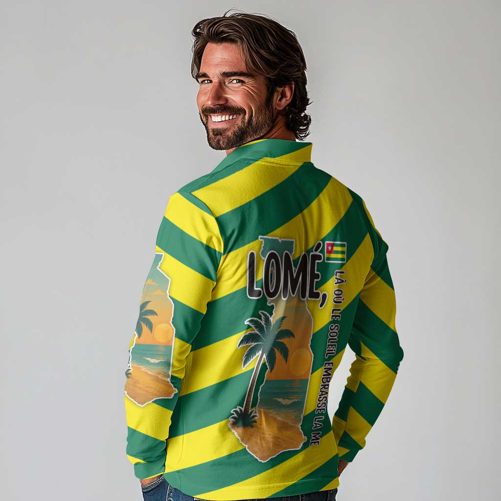Lome Togo Sunset Long Sleeve Polo Shirt with Palm Trees and Ocean Embrace Design