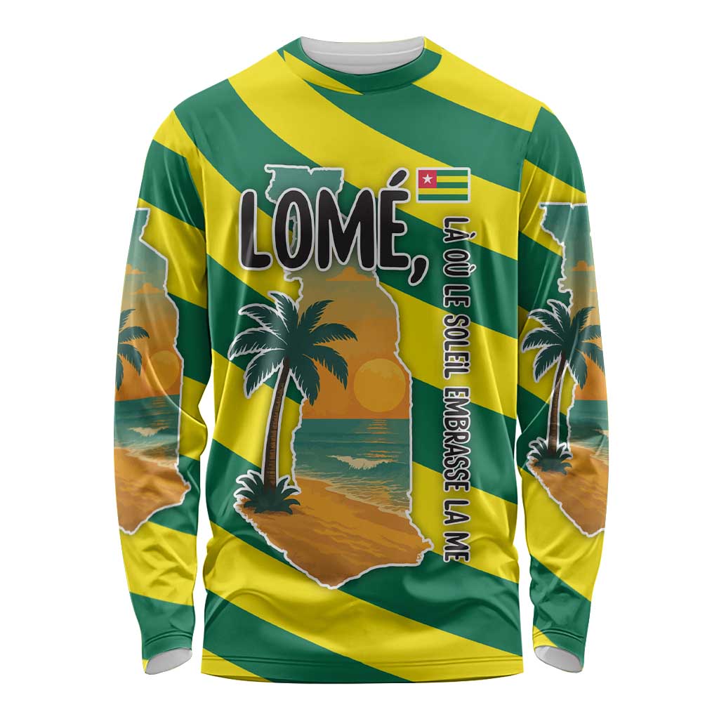 Lome Togo Sunset Long Sleeve Shirt with Palm Trees and Ocean Embrace Design