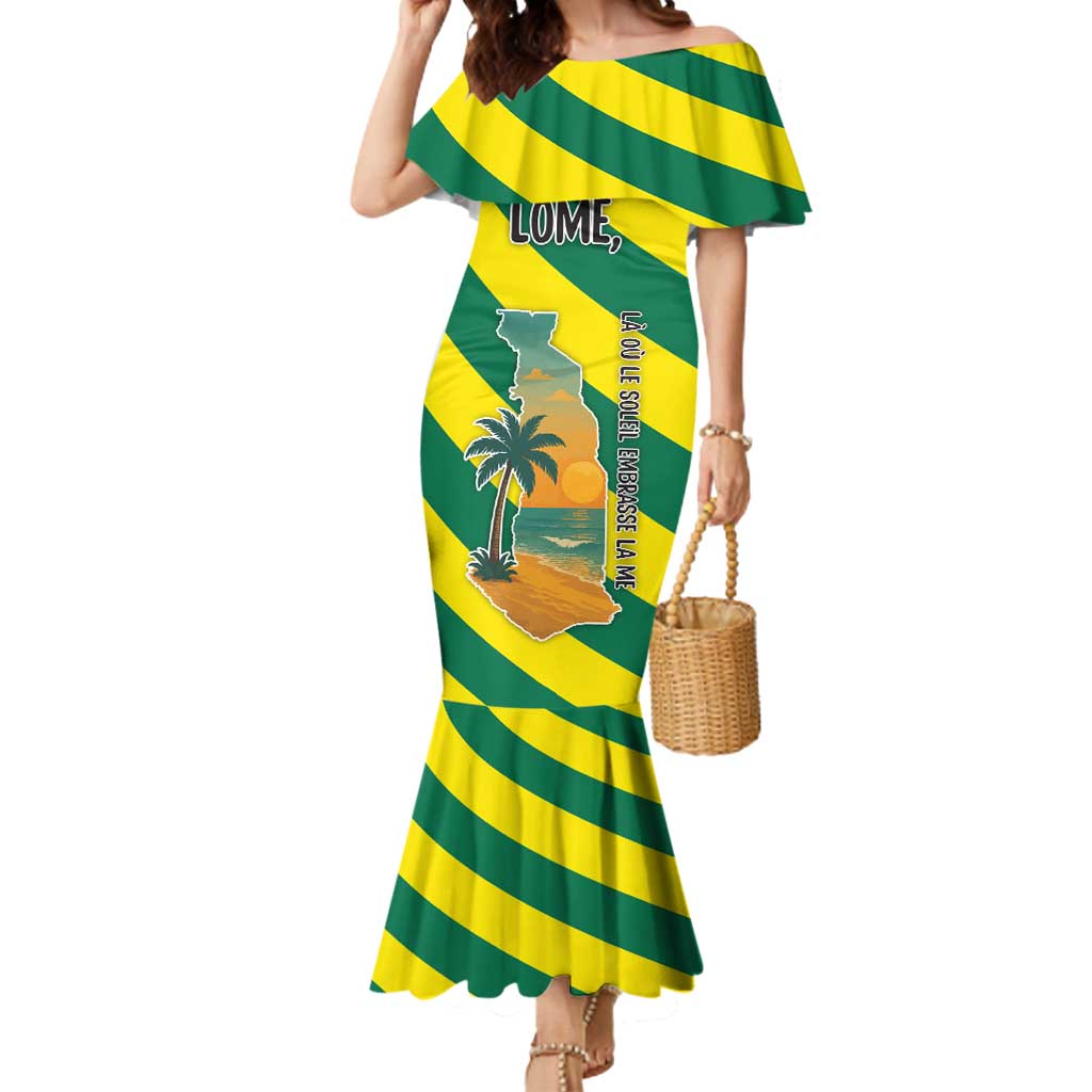 Lome Togo Sunset Mermaid Dress with Palm Trees and Ocean Embrace Design