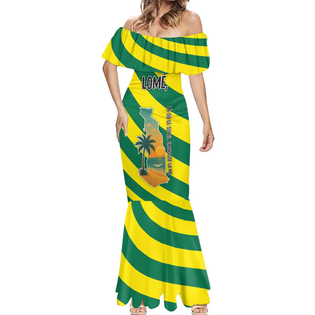 Lome Togo Sunset Mermaid Dress with Palm Trees and Ocean Embrace Design
