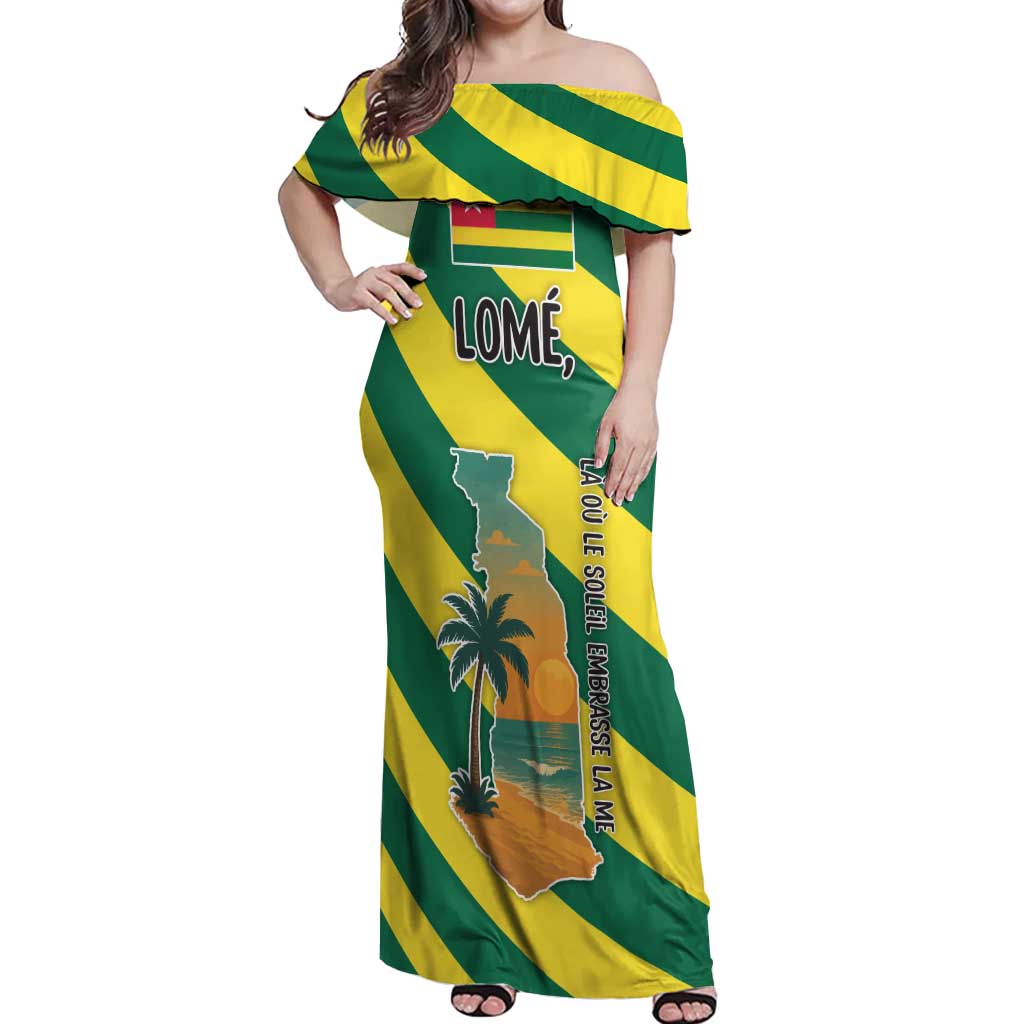 Lome Togo Sunset Off Shoulder Maxi Dress with Palm Trees and Ocean Embrace Design