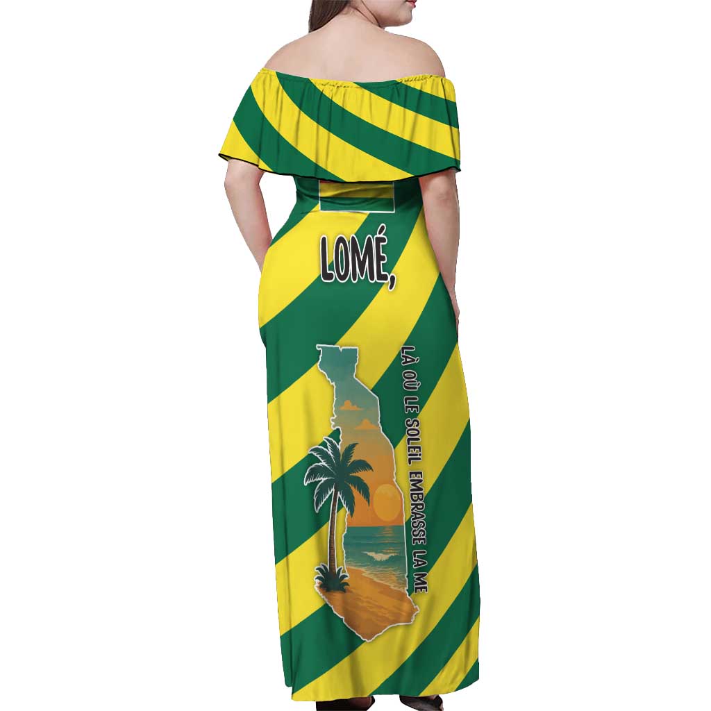 Lome Togo Sunset Off Shoulder Maxi Dress with Palm Trees and Ocean Embrace Design