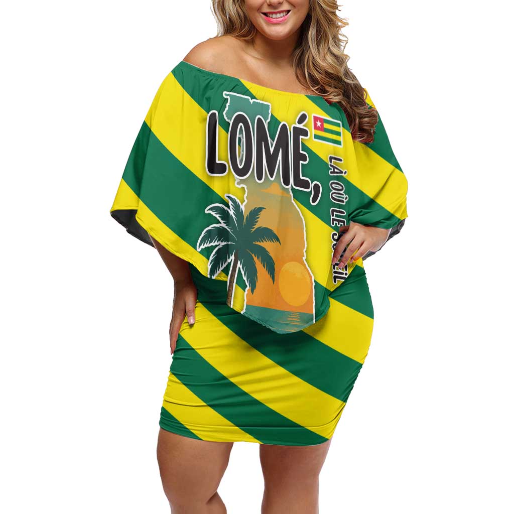 Lome Togo Sunset Off Shoulder Short Dress with Palm Trees and Ocean Embrace Design