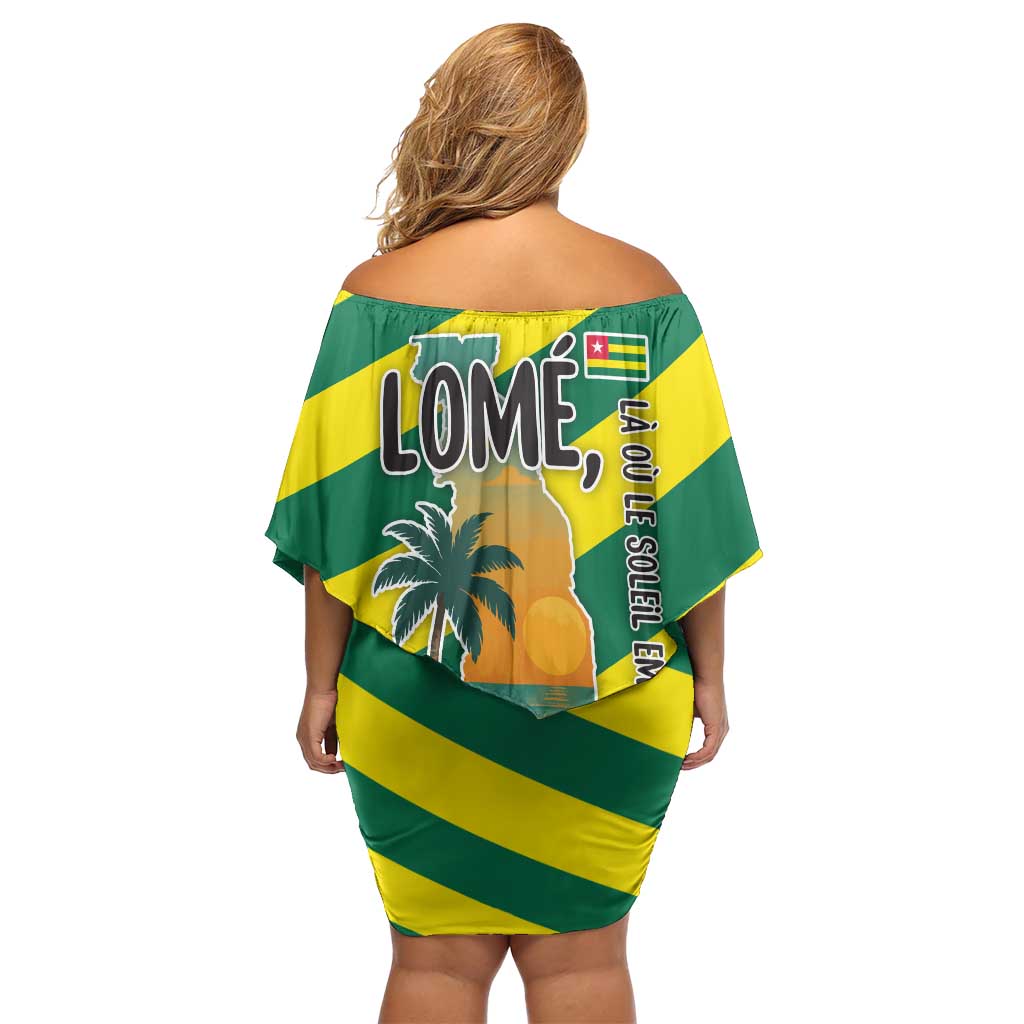 Lome Togo Sunset Off Shoulder Short Dress with Palm Trees and Ocean Embrace Design