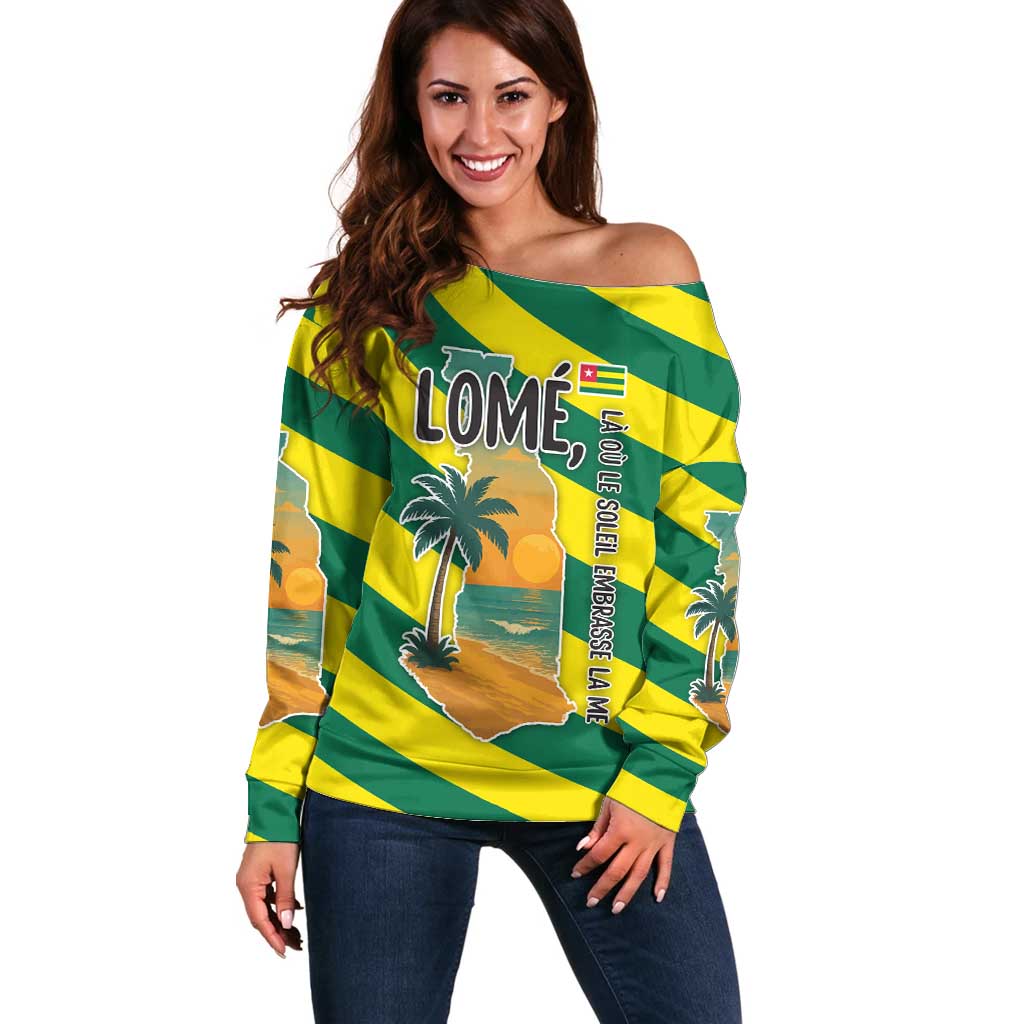 Lome Togo Sunset Off Shoulder Sweater with Palm Trees and Ocean Embrace Design