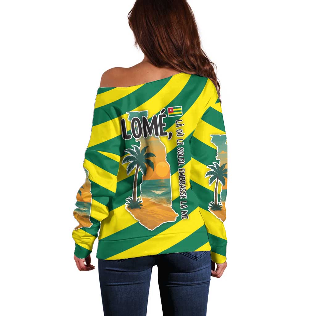 Lome Togo Sunset Off Shoulder Sweater with Palm Trees and Ocean Embrace Design