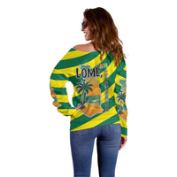 Lome Togo Sunset Off Shoulder Sweater with Palm Trees and Ocean Embrace Design