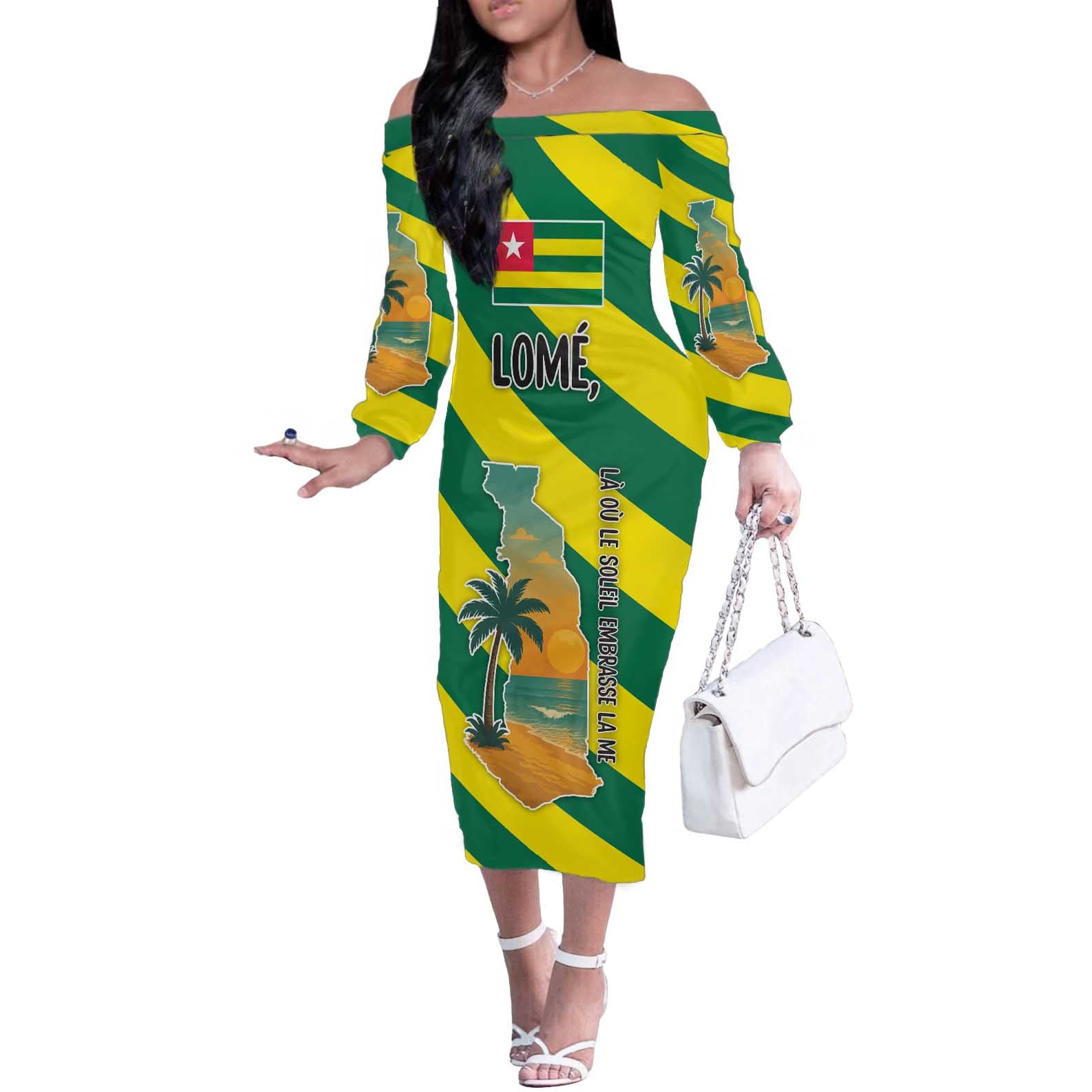 Lome Togo Sunset Off The Shoulder Long Sleeve Dress with Palm Trees and Ocean Embrace Design