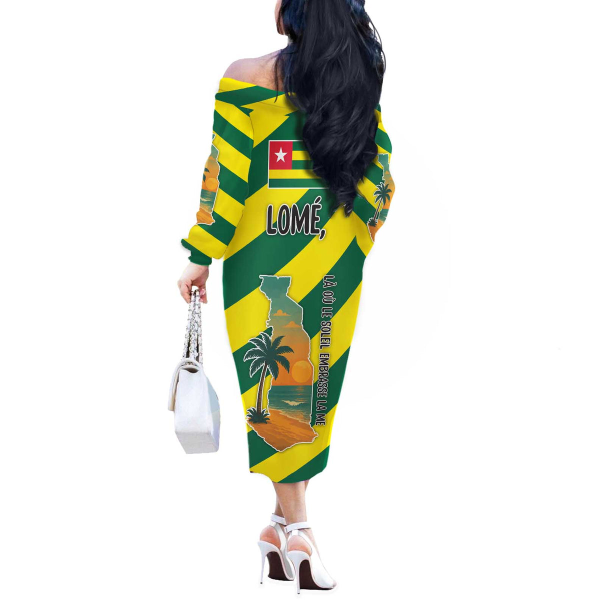 Lome Togo Sunset Off The Shoulder Long Sleeve Dress with Palm Trees and Ocean Embrace Design