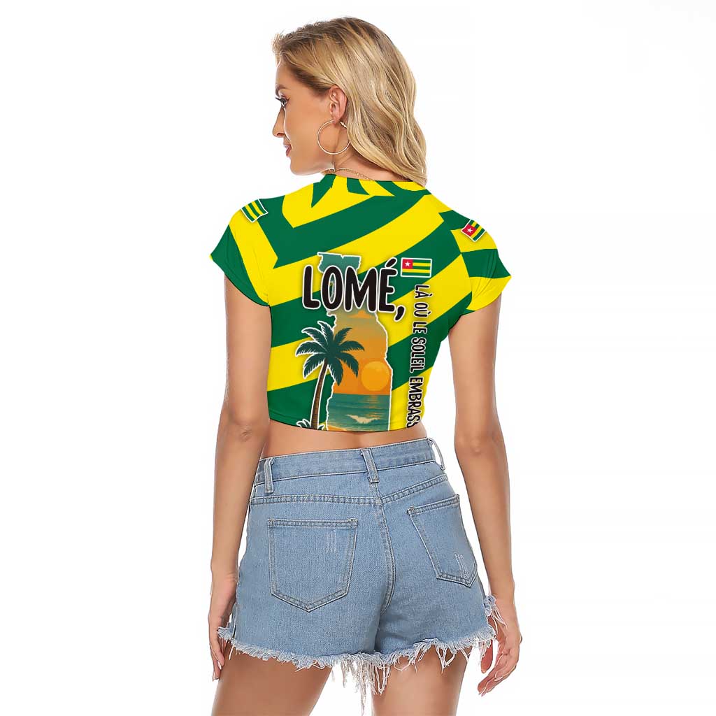 Lome Togo Sunset Raglan Cropped T Shirt with Palm Trees and Ocean Embrace Design