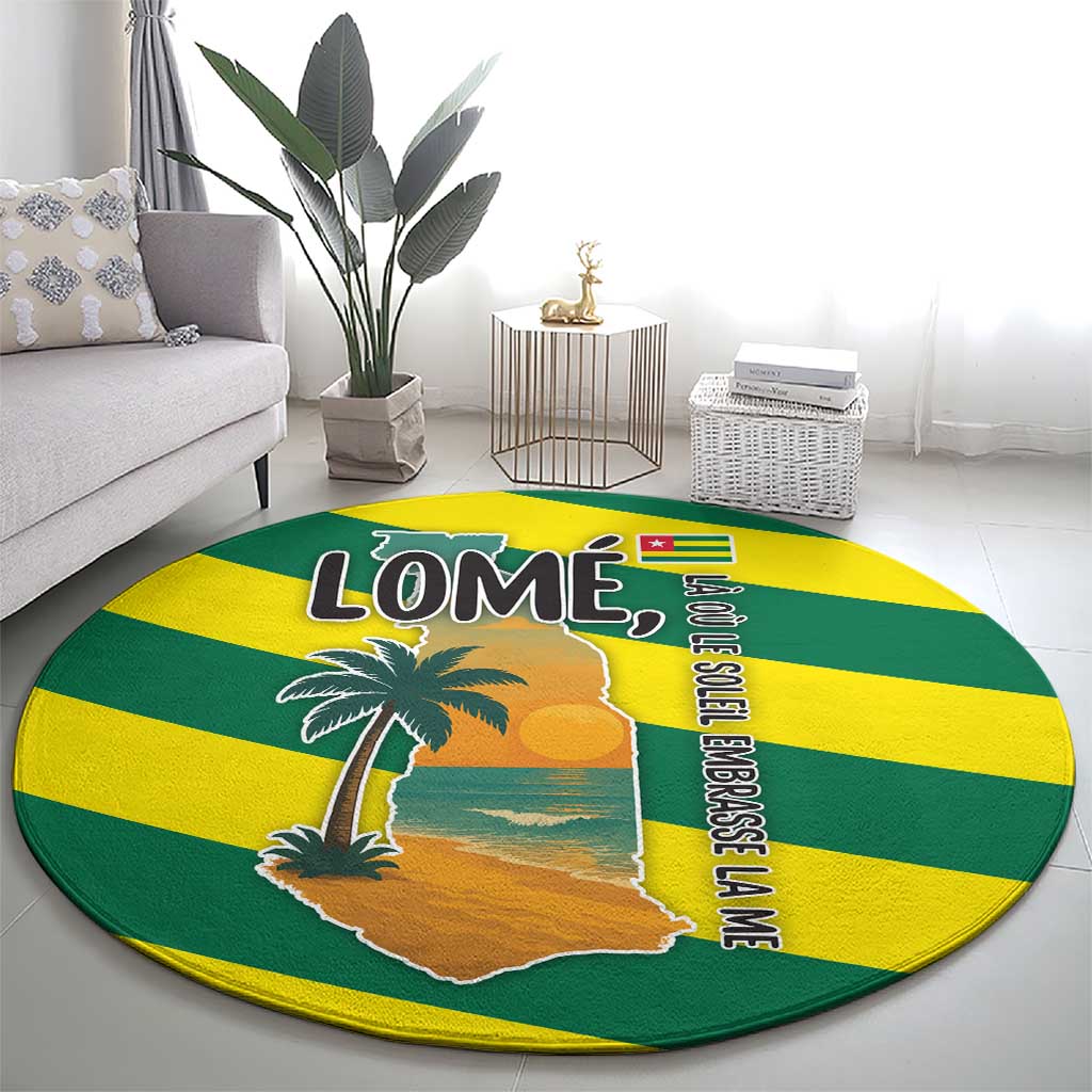 Lome Togo Sunset Round Carpet with Palm Trees and Ocean Embrace Design