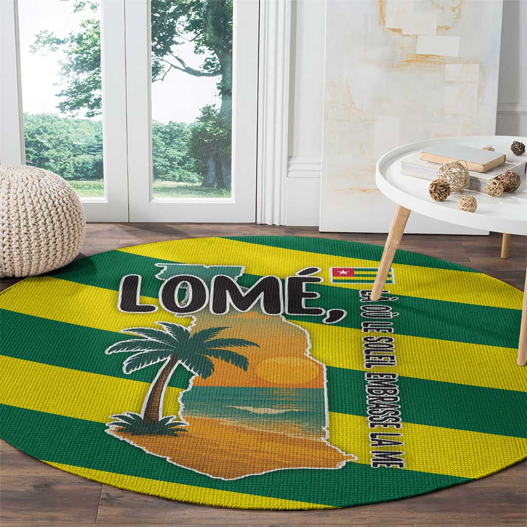 Lome Togo Sunset Round Carpet with Palm Trees and Ocean Embrace Design