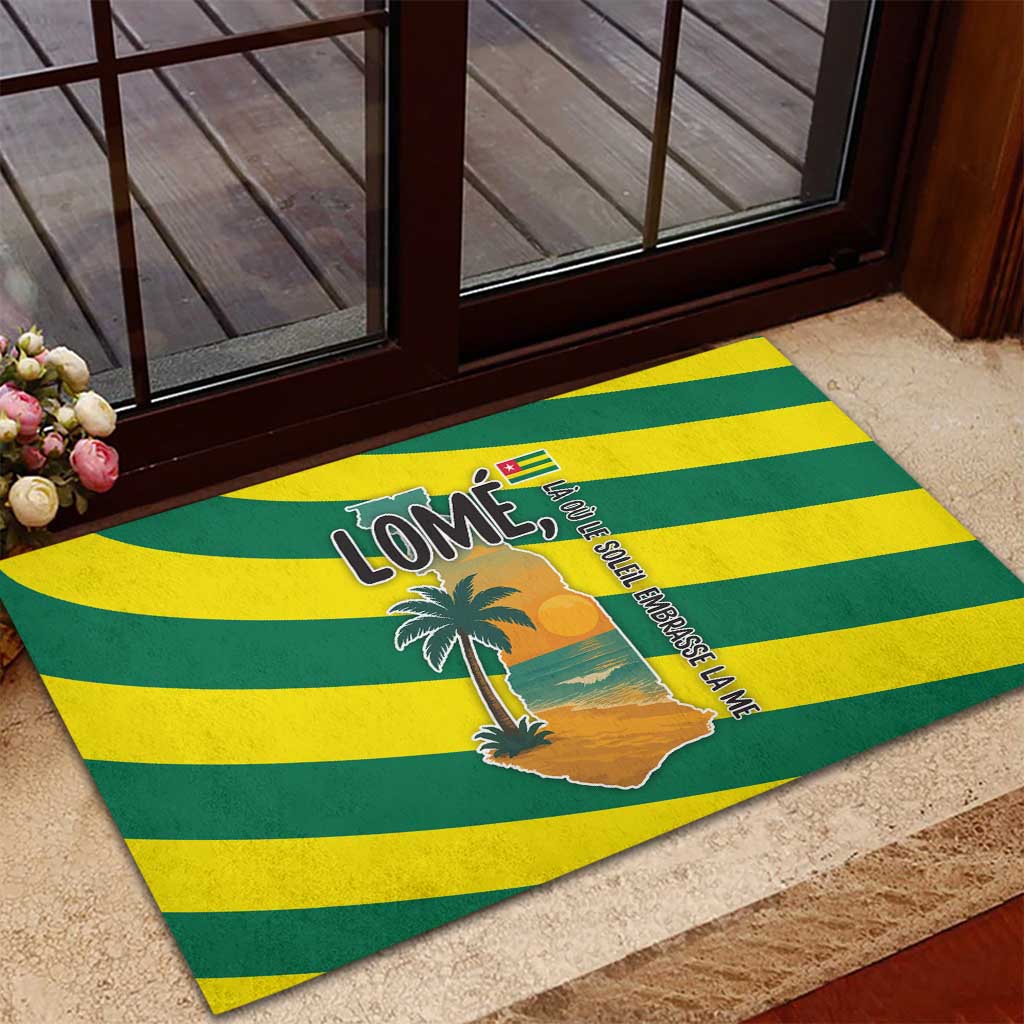Lome Togo Sunset Rubber Doormat with Palm Trees and Ocean Embrace Design
