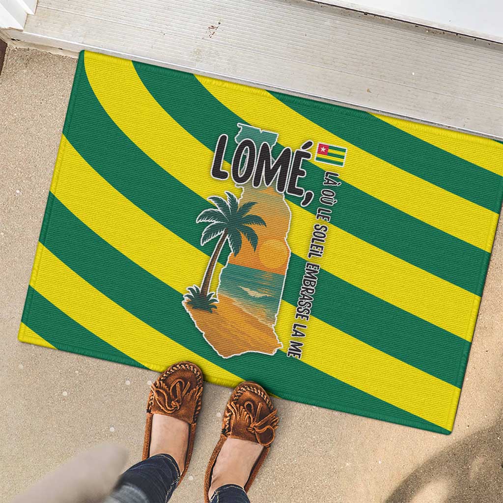 Lome Togo Sunset Rubber Doormat with Palm Trees and Ocean Embrace Design